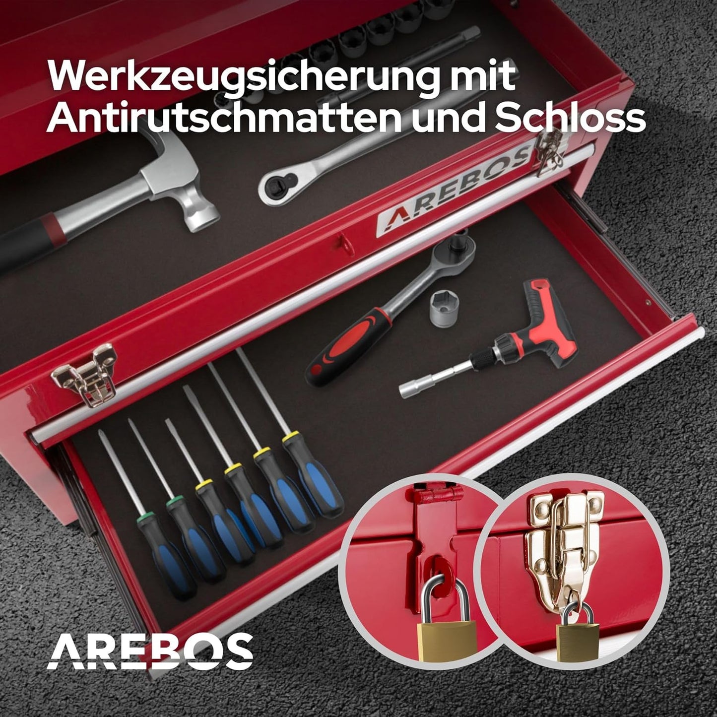 Werkzeugkoffer aus legiertem Stahl mit 3 Schubladen, Rot