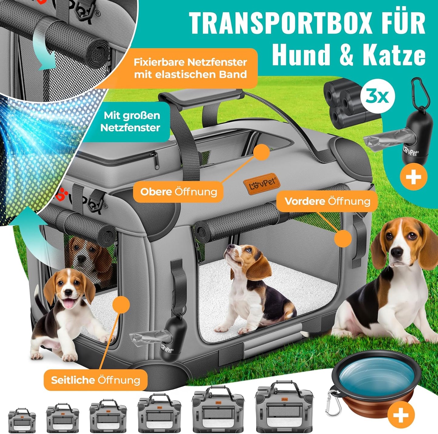 Faltbare Haustier-Transportbox inkl. Hundenapf & Schultergurt, XXXL Hellgrau