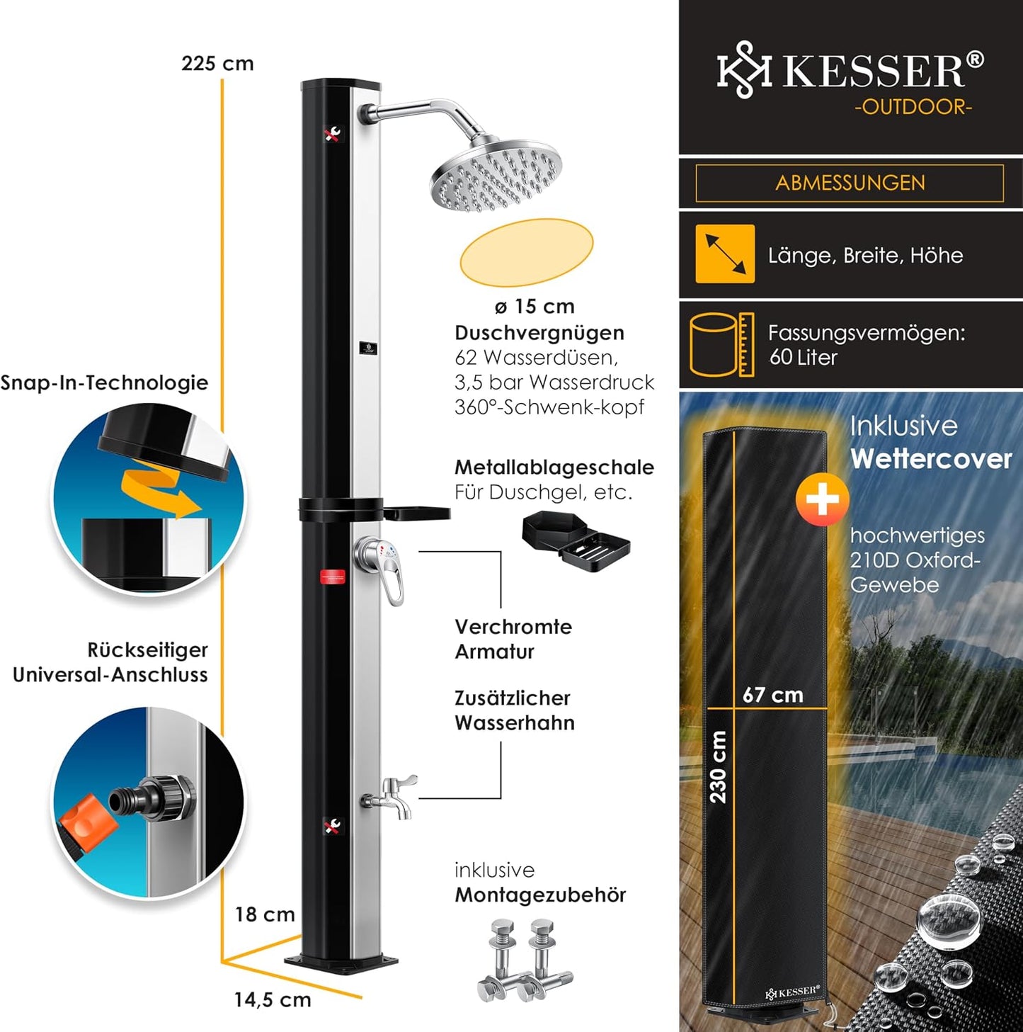 Solardusche mit Regenduschkopf, Ablage und Schutzhaube, 60 Liter Schwarz / Silber