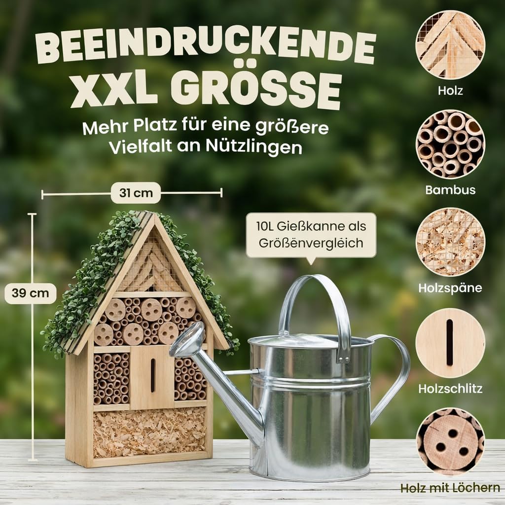 Insektenhotel XXL mit Bambus Röhrchen (39 cm), XXL Insektenhotel – Efeu Dach (39 cm)