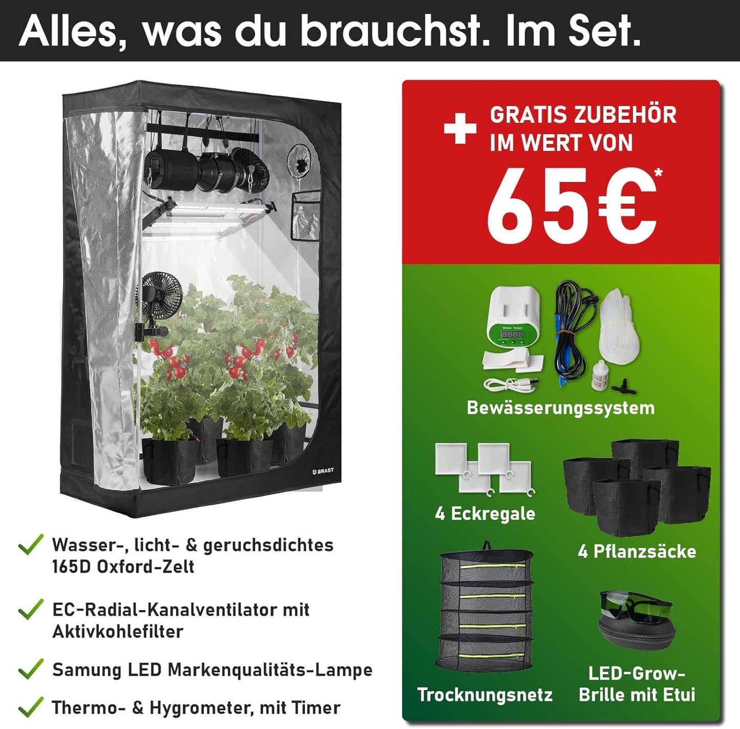 Growzelt Komplettset mit LED & Belüftungssystem, 120x60x180cm | XXL