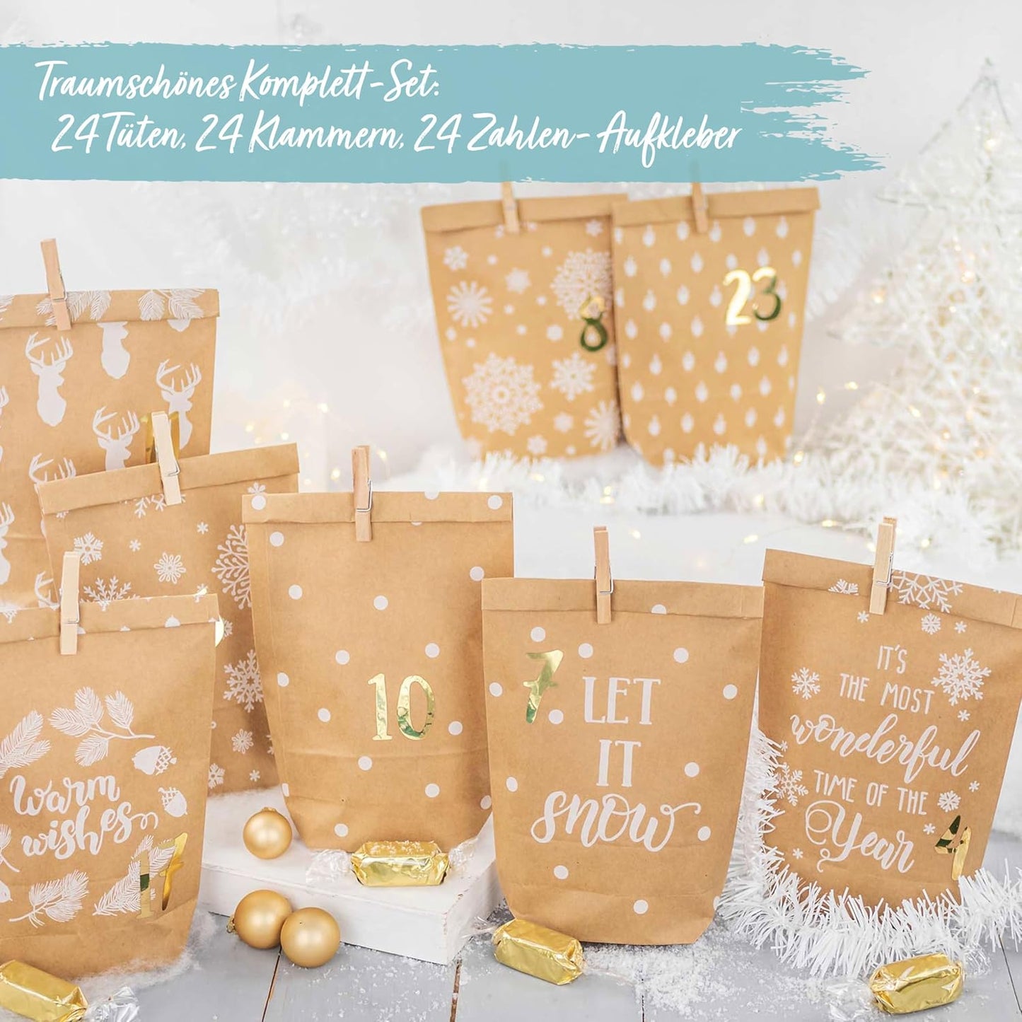 Adventskalender DIY-Papierbeutel, Packpapier-weiss