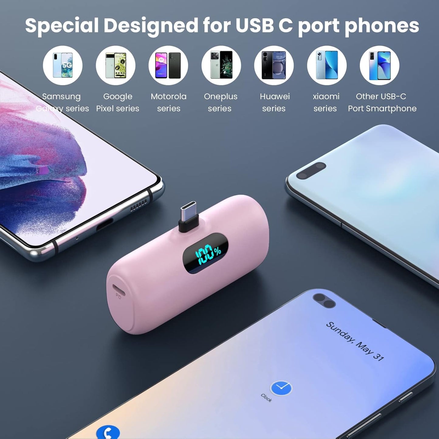 Mini Powerbank USB C mit LCD Display, Rosa