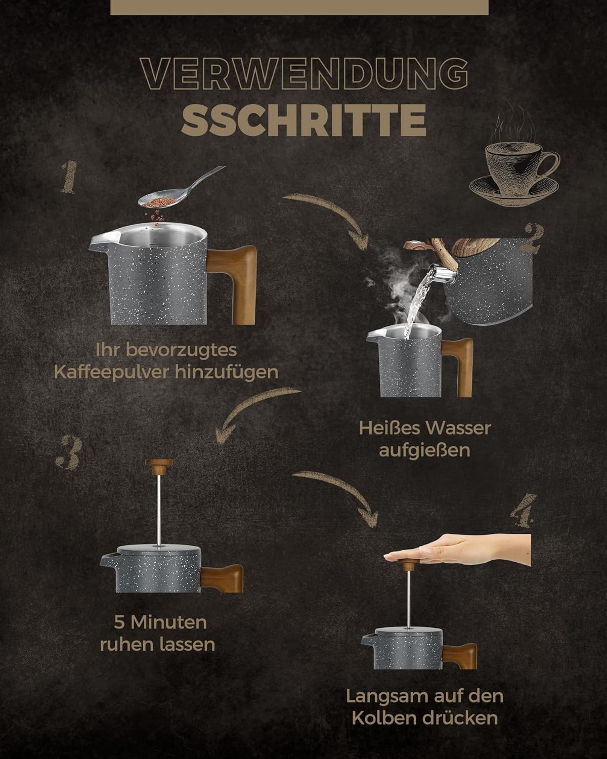 French Press Kaffeebereiter 1L, doppelwandig, mit Holzgriff, 1000 ml-1 Stein