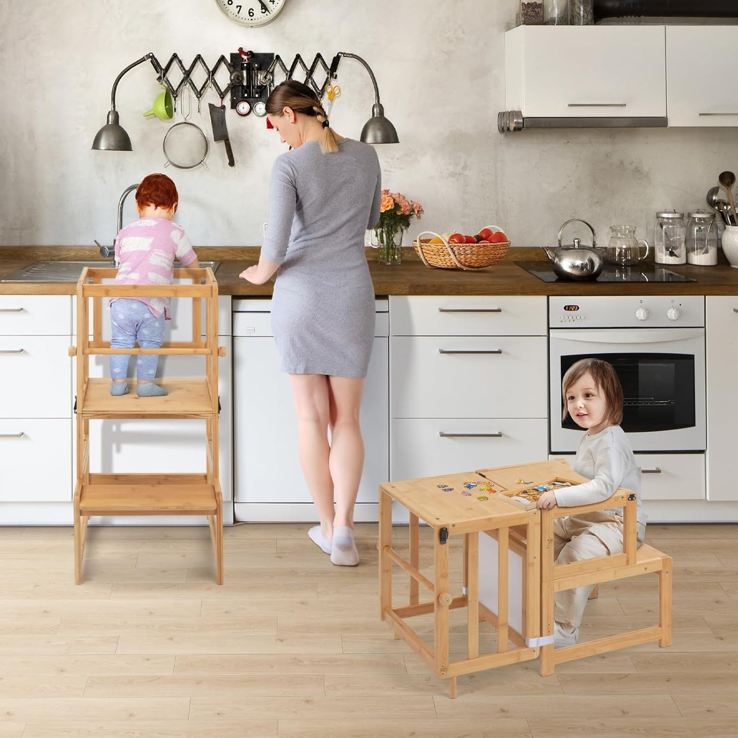 Montessori Lernturm ab 1 Jahr klappbar, L Klassisches Natur