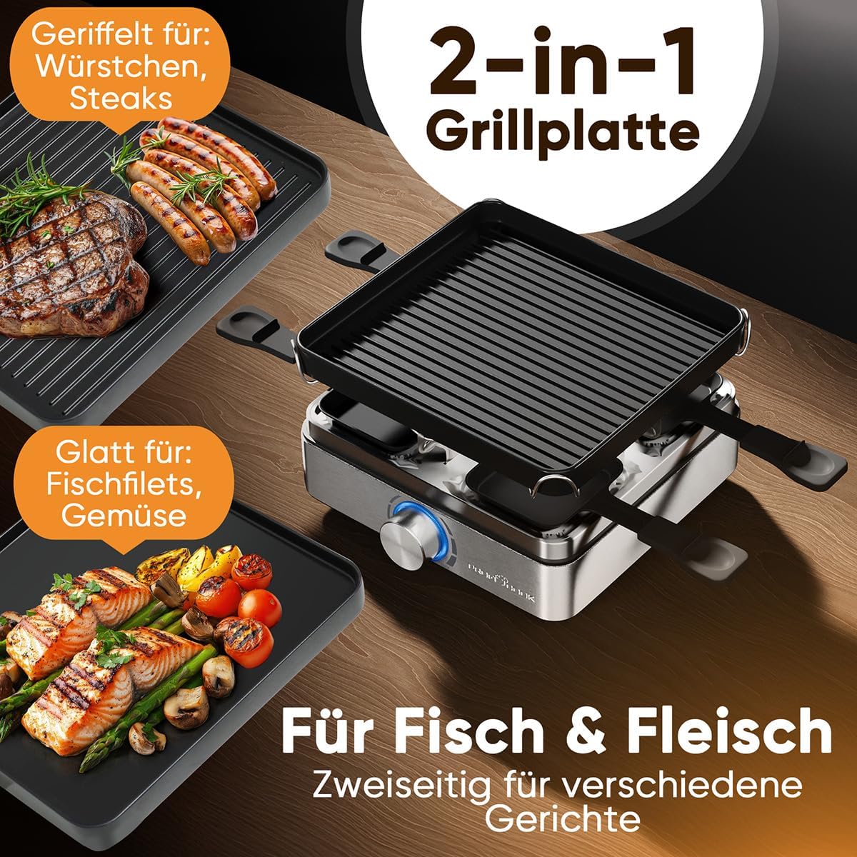 Raclette-Grill für 4 Personen mit Wendegussplatte, Edelstahl