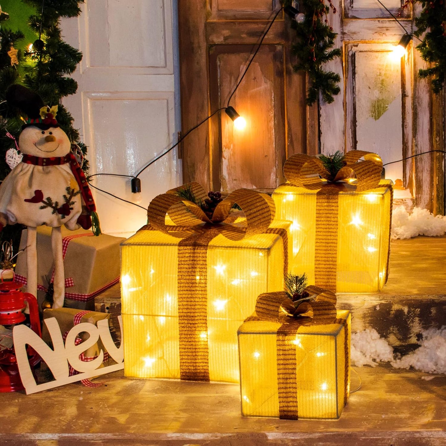 3er-Set LED-Weihnachts-Geschenkboxen, Golden