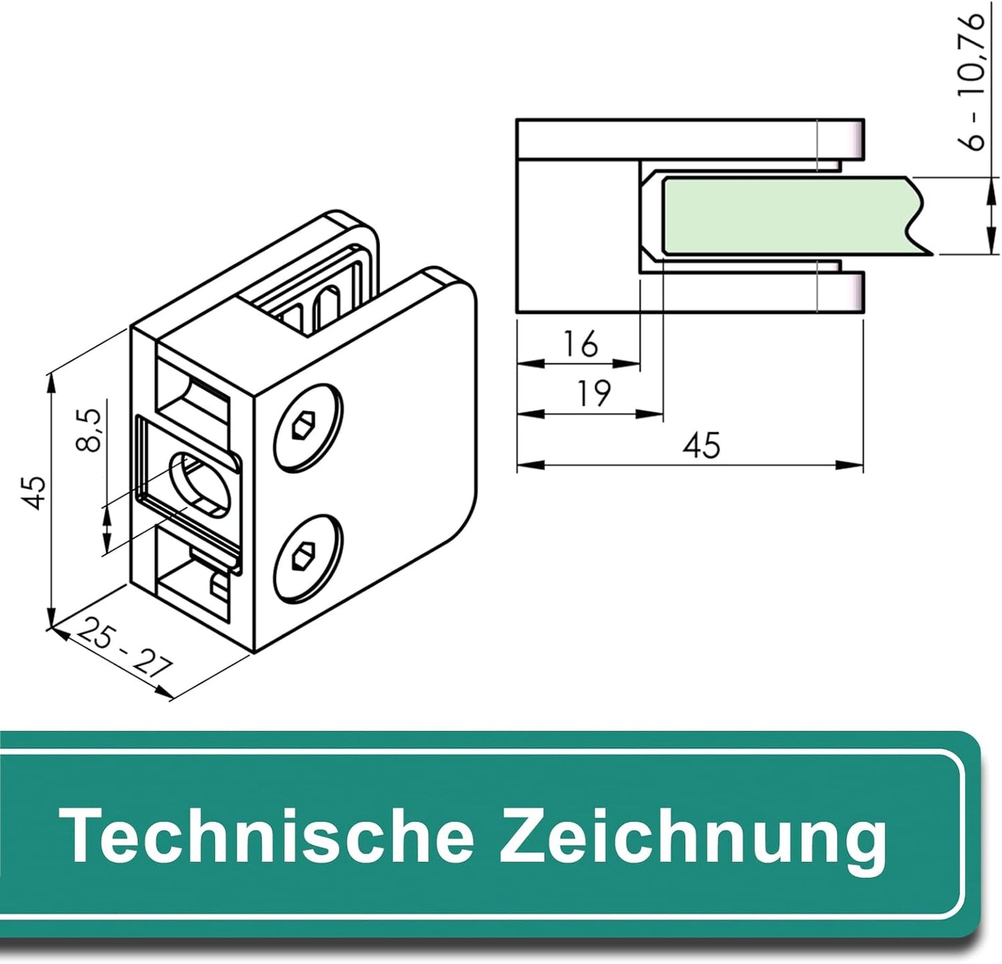 Glashalter Set für Treppengeländer (4 Stück), Anschluss: FLACH | Glasdicke: 6,76mm