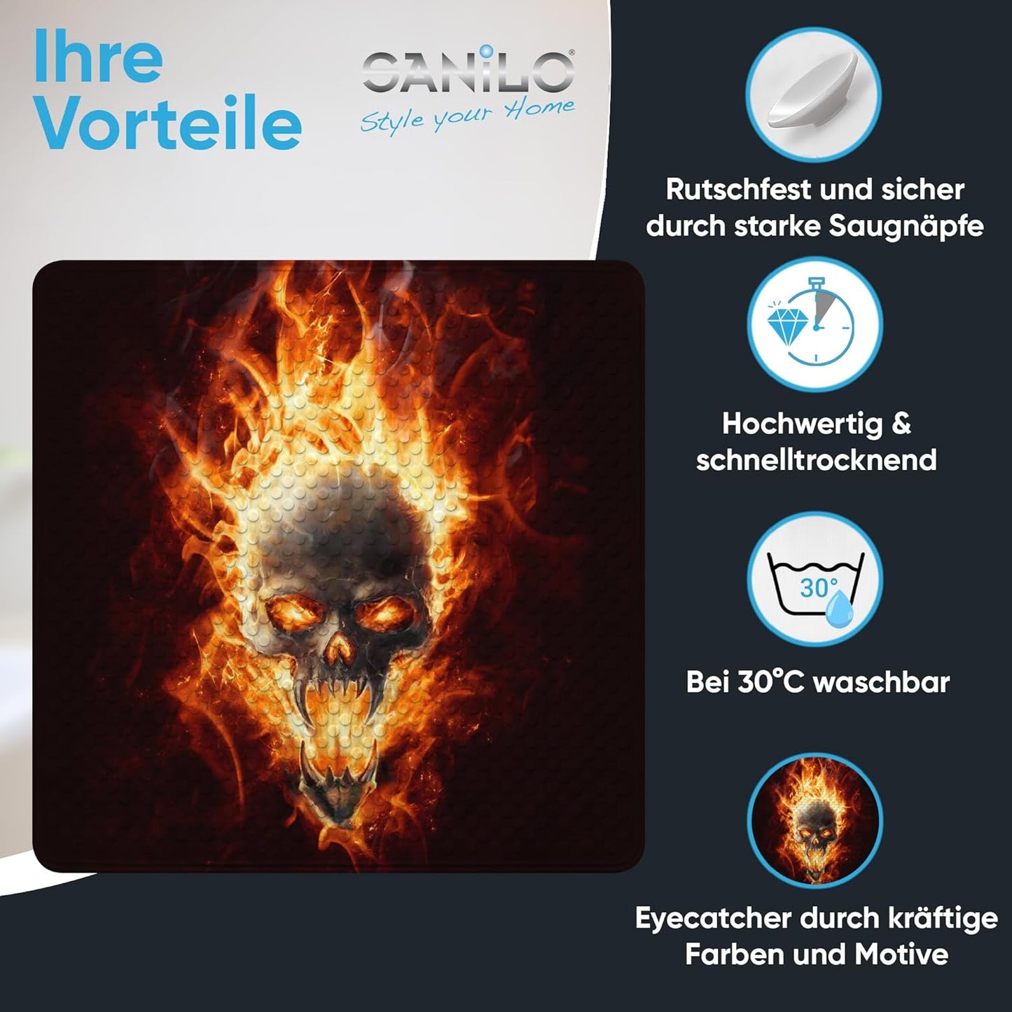 Antirutsch-Badematte, maschinenwaschbar, Totenkopf in Flammen-Motiv, Totenkopf in Flammen