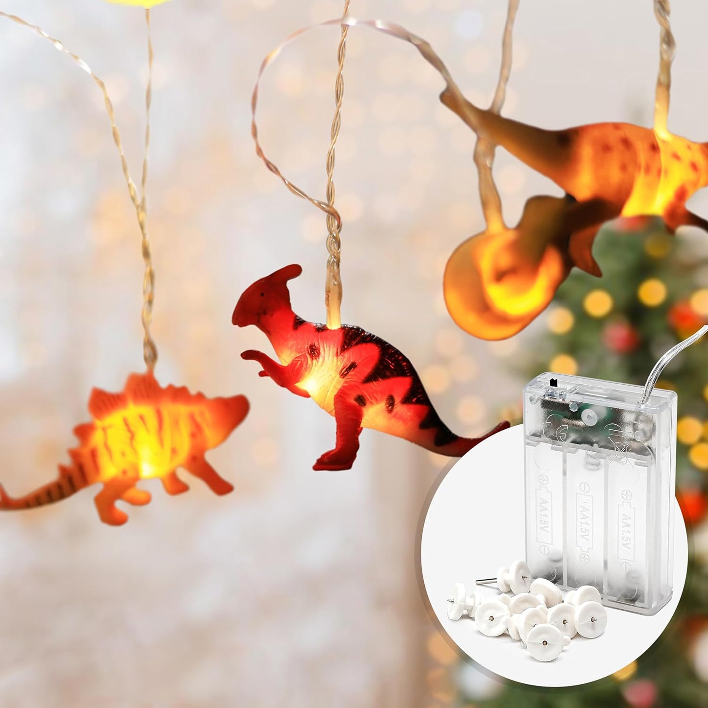 Dino Lichterkette mit Timer, Batterie - 12 Dinos - Timer