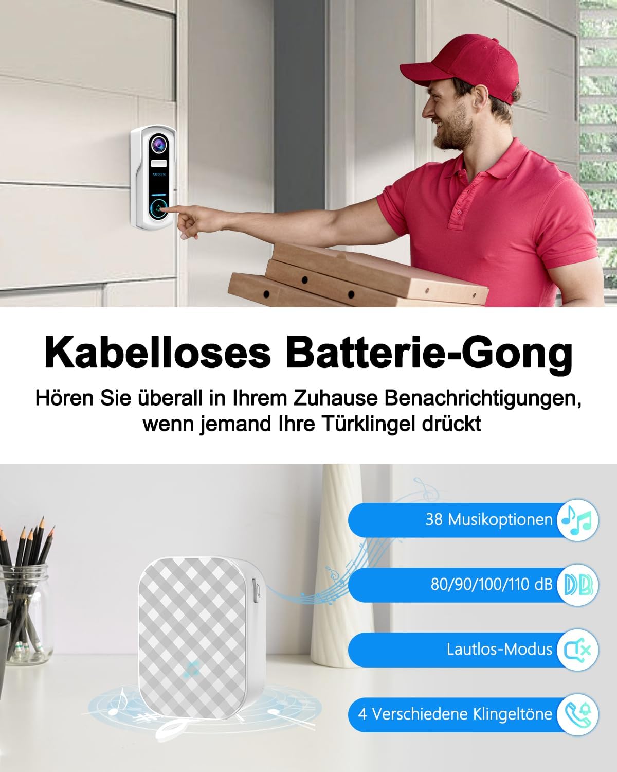 Video-Türklingel mit Kamera und Nachtsicht, Türklingel mit Akku Gong