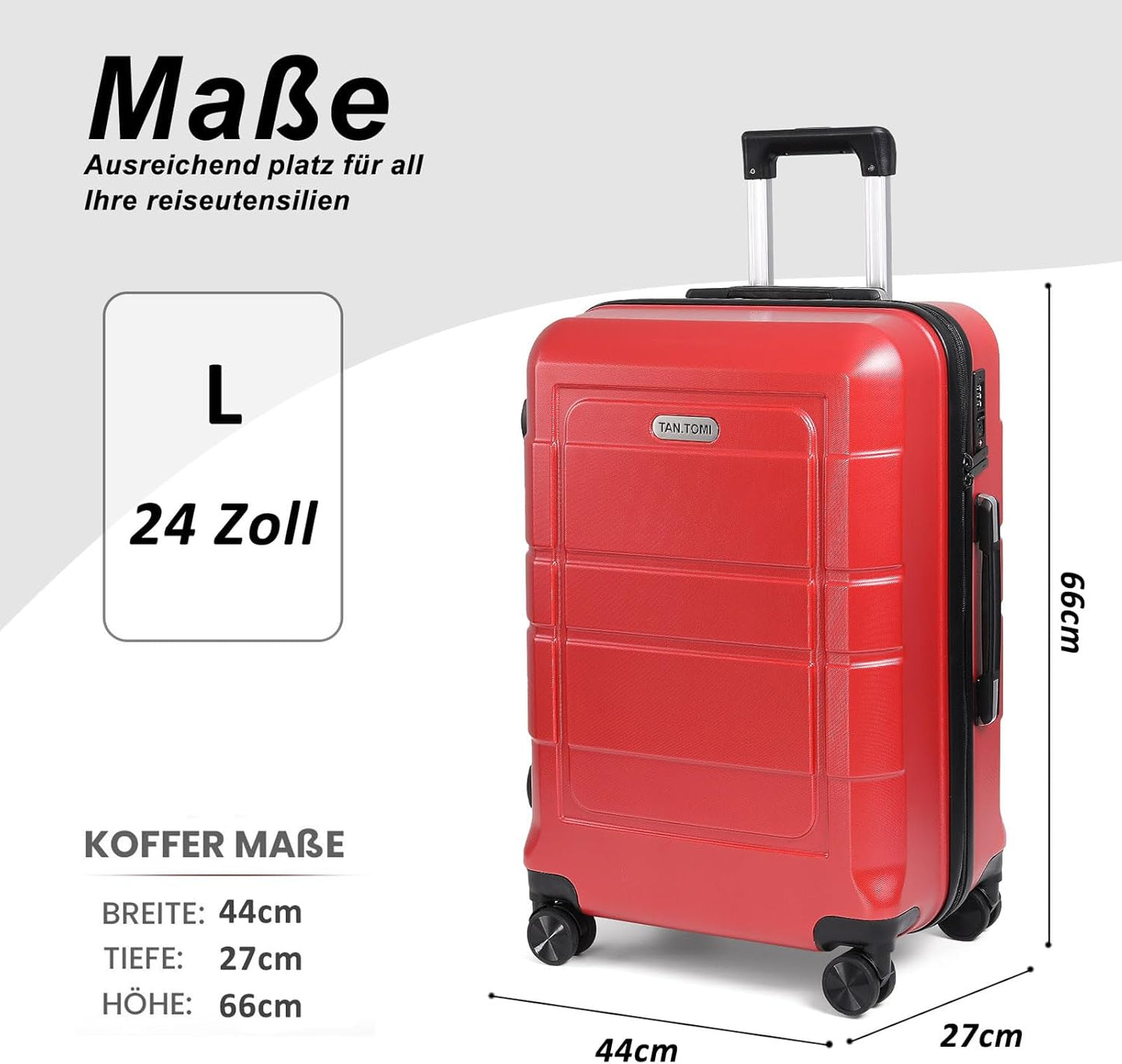 Hartschalenkoffer mit 4 Rollen und Zahlenschloss, Rot 24 Inch (Large)