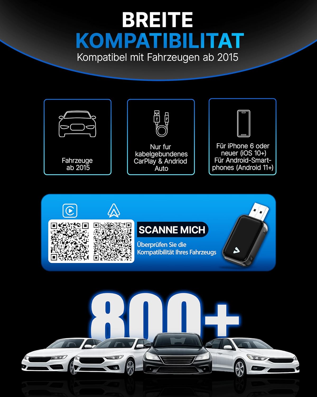 Auto-Nachrüstadapter für kabelloses CarPlay & Android Auto, Black