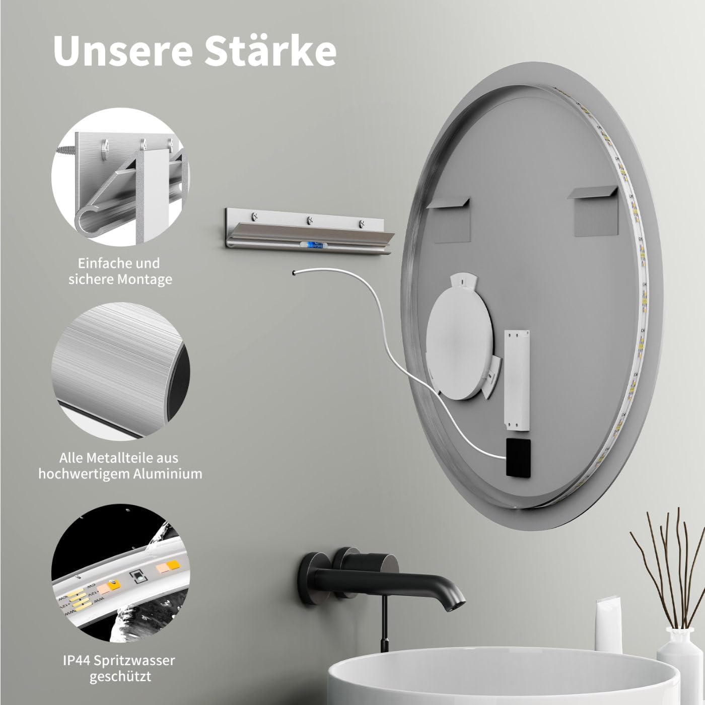Runder LED-Badspiegel mit Kosmetikspiegel (80 cm), 80L x 80B cm Rund mit Kosmetikspiegel