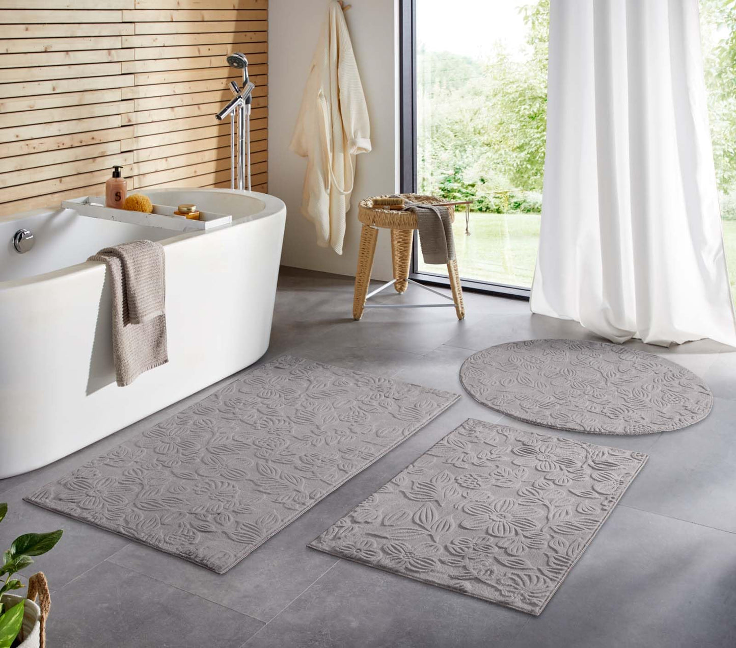 Runder Badematte, rutschfest, Grau Floral 120 cm (Rund)