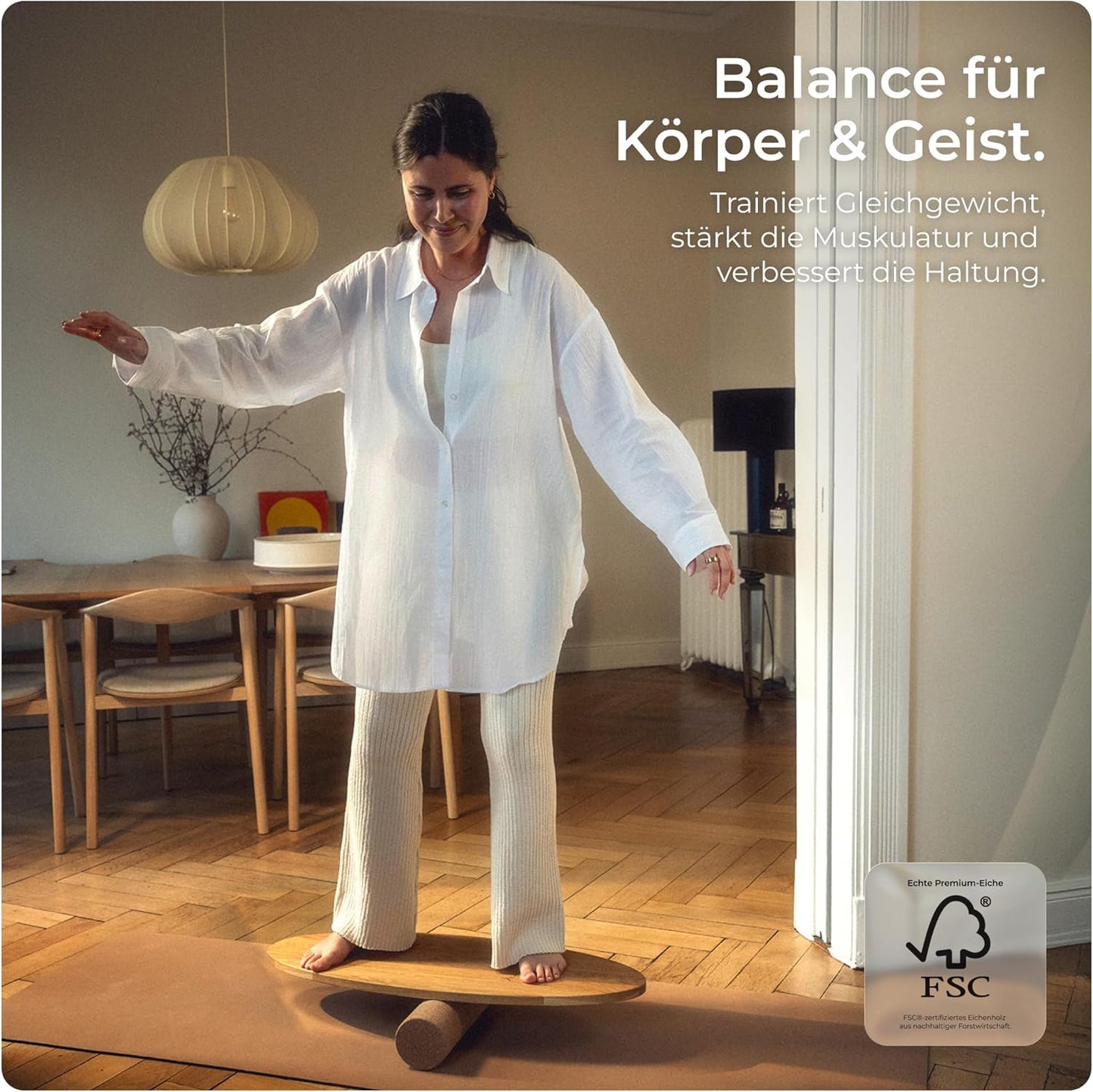Balance Board aus Eichenholz, Komplett-Set + App + Ständer: Eiche (Spitz)