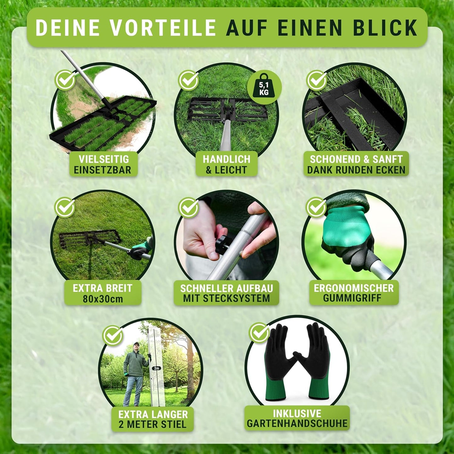 Rasennivellierrechen 80x30 cm mit langem Stiel & Handschuhen, Schwarz