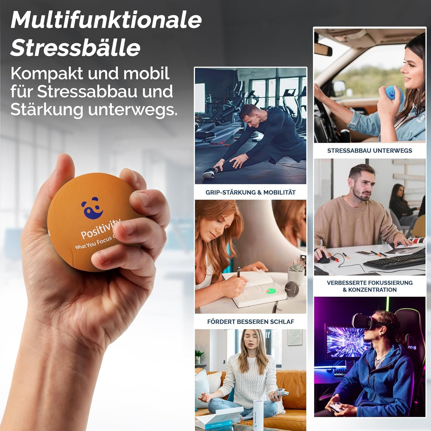 Stressball Handtrainer-Set (3 Dichten), Sonnenorange, Anthrazit, Jadegrün