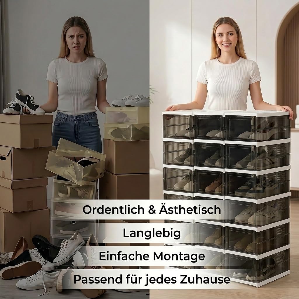 Schuhboxen Stapelbar, Transparent, Faltbar (18 Stück), Schwarz 18 Ebenen