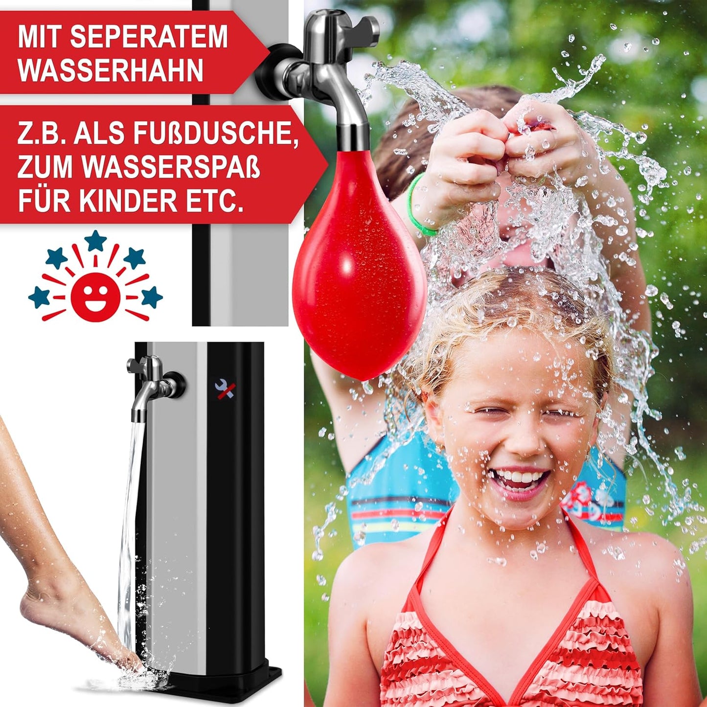 Solardusche mit Regenschutz & Thermometer, Schwarz-Silber