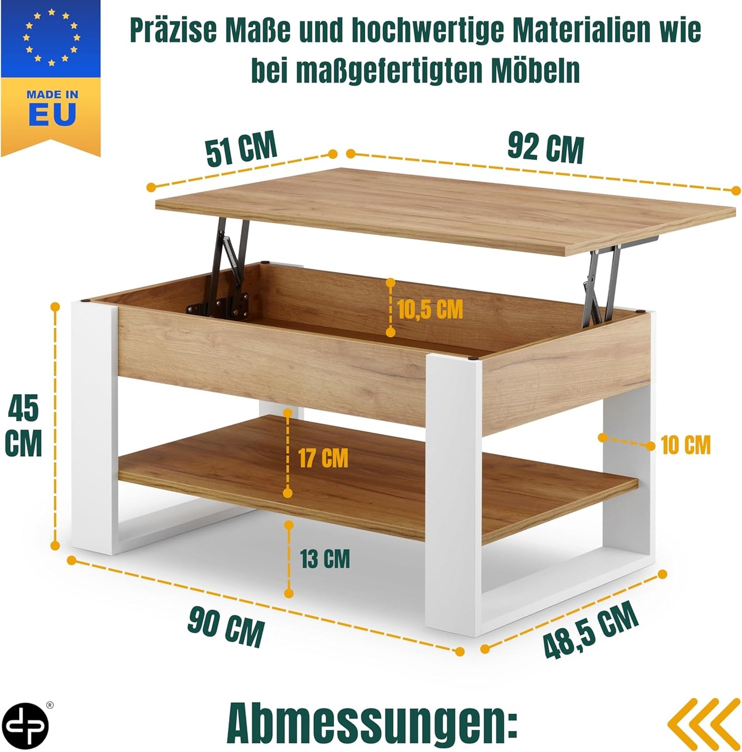 Höhenverstellbarer Couchtisch mit Stauraum, Weiss + Eiche