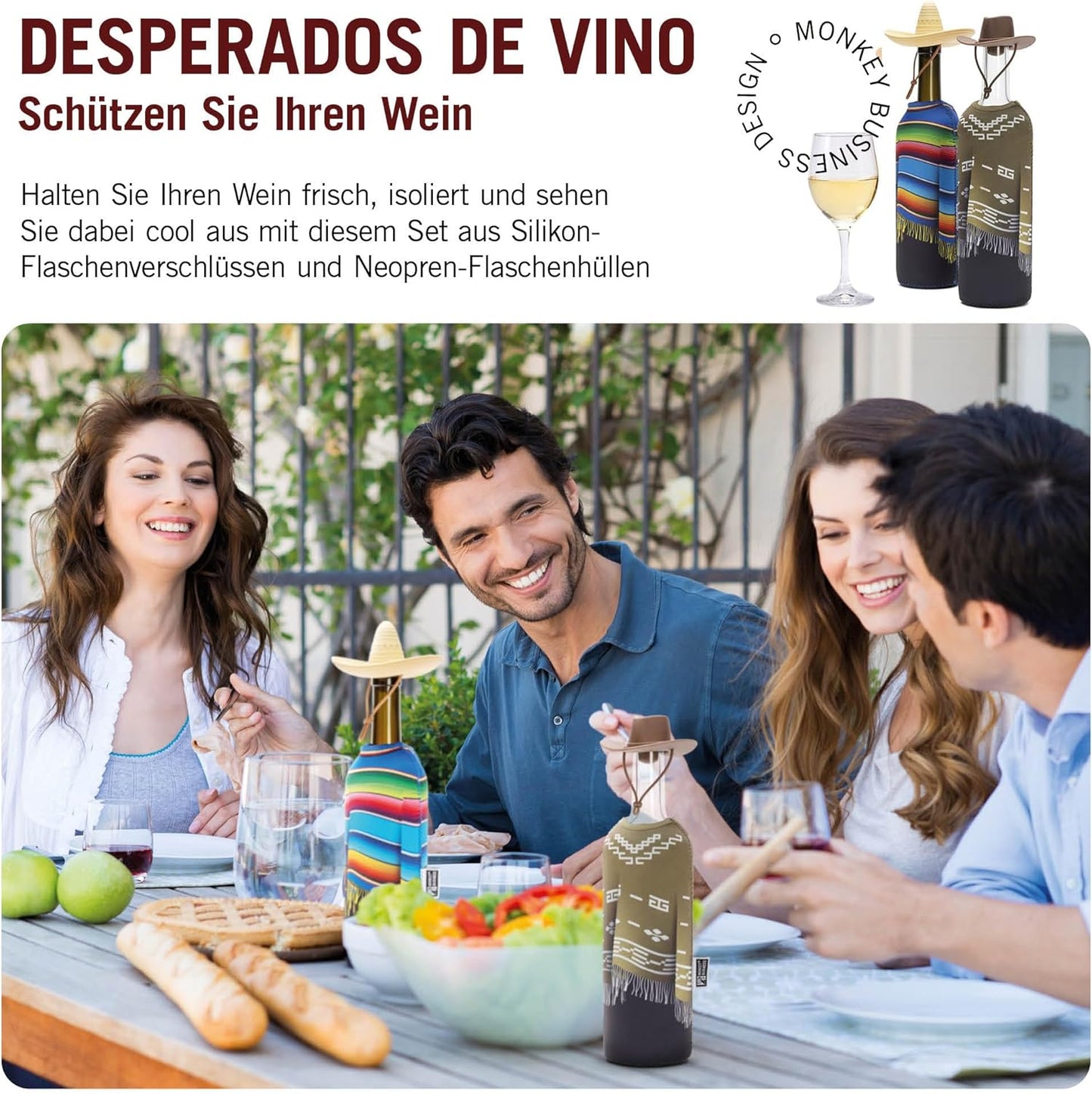 Geschenkbox Desperados für Weinliebhaber mit Flaschenverschlüssen und Ponchos