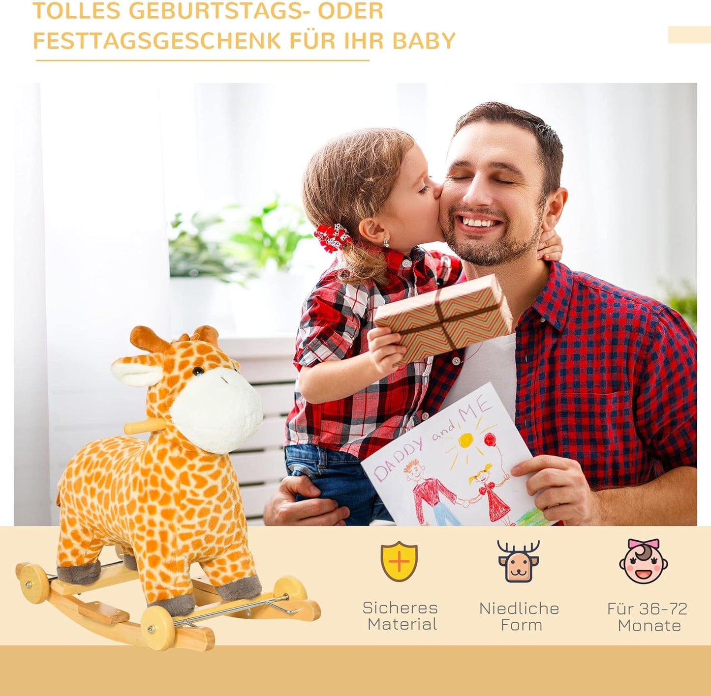2-in-1 Schaukelpferd mit Rollen, Gelb 63L x 38B x 63H cm