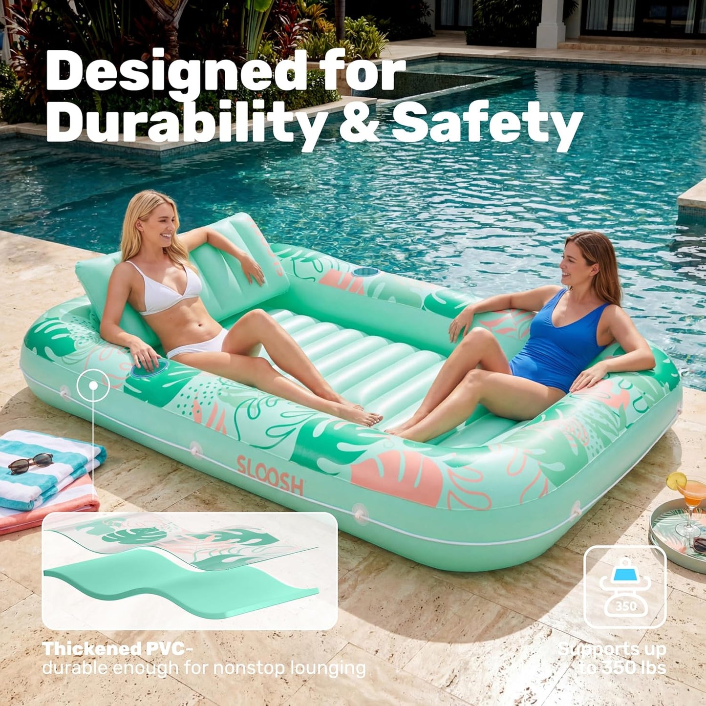 Aufblasbarer 4-in-1 Sonnenliegepool mit Kissen und Getränkehalter, Aquablau Tropisch XL