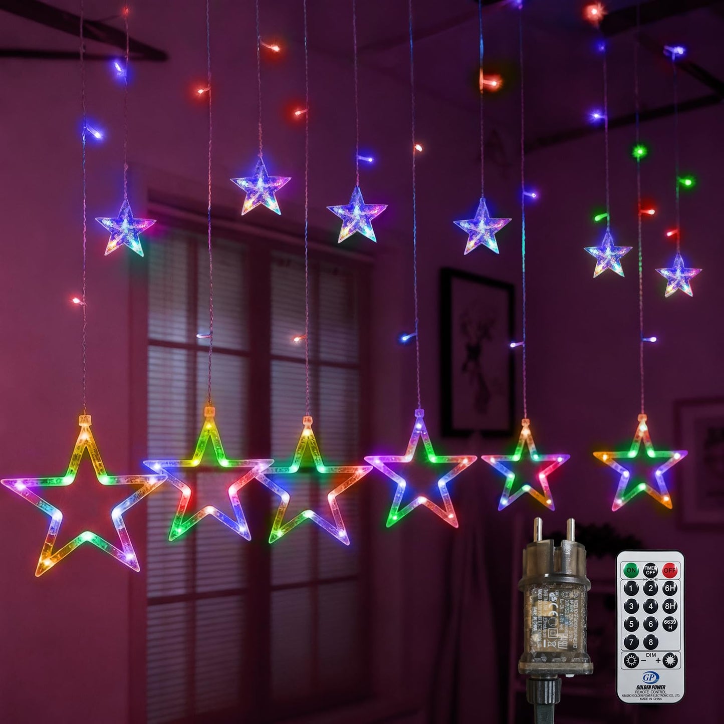 LED Sternenvorhang 3M mit Timer und Fernbedienung, Bunt 12 Sterne