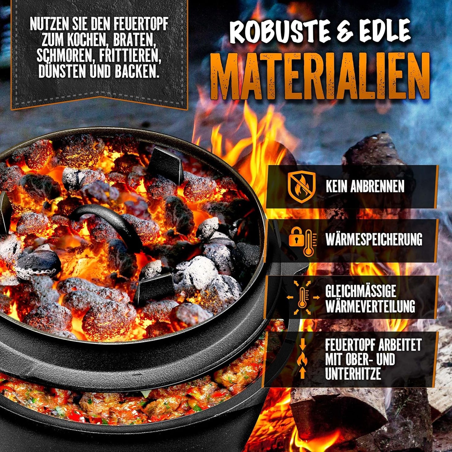 Dutch Oven Set, Topf mit Füsse 9 Liter / 9 QT