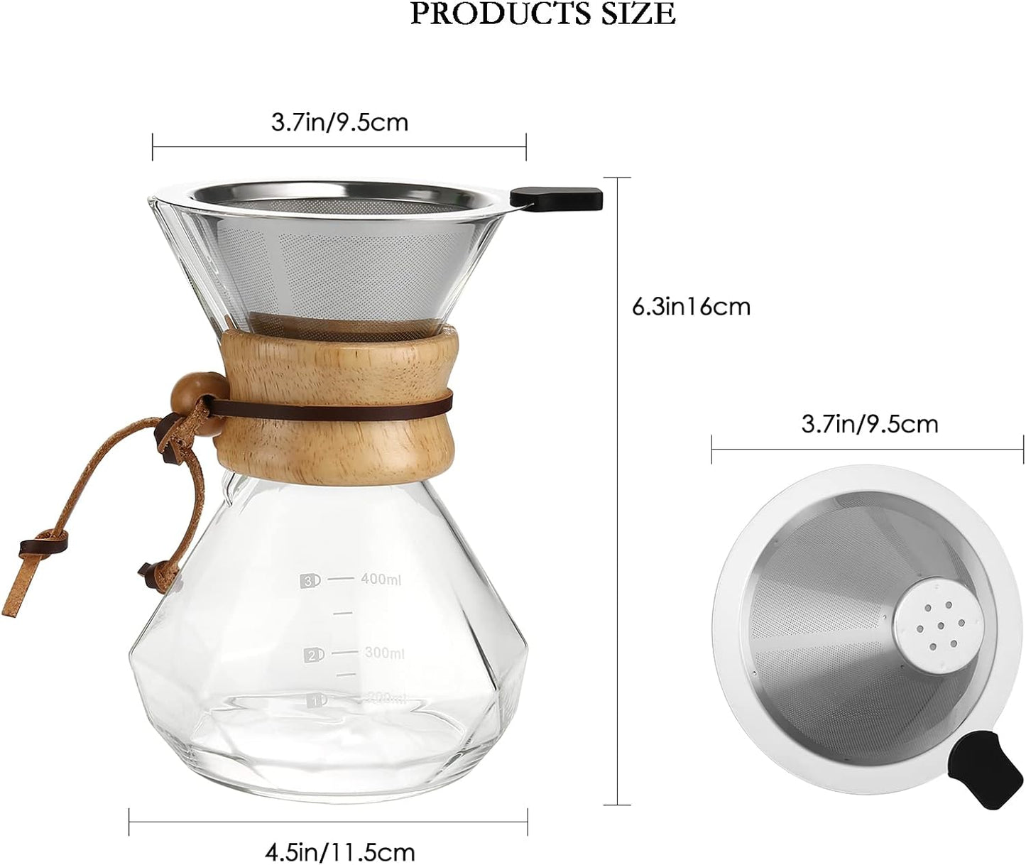 Pour Over Kaffeebereiter mit Edelstahlfilter, 400 ml, 400 ml