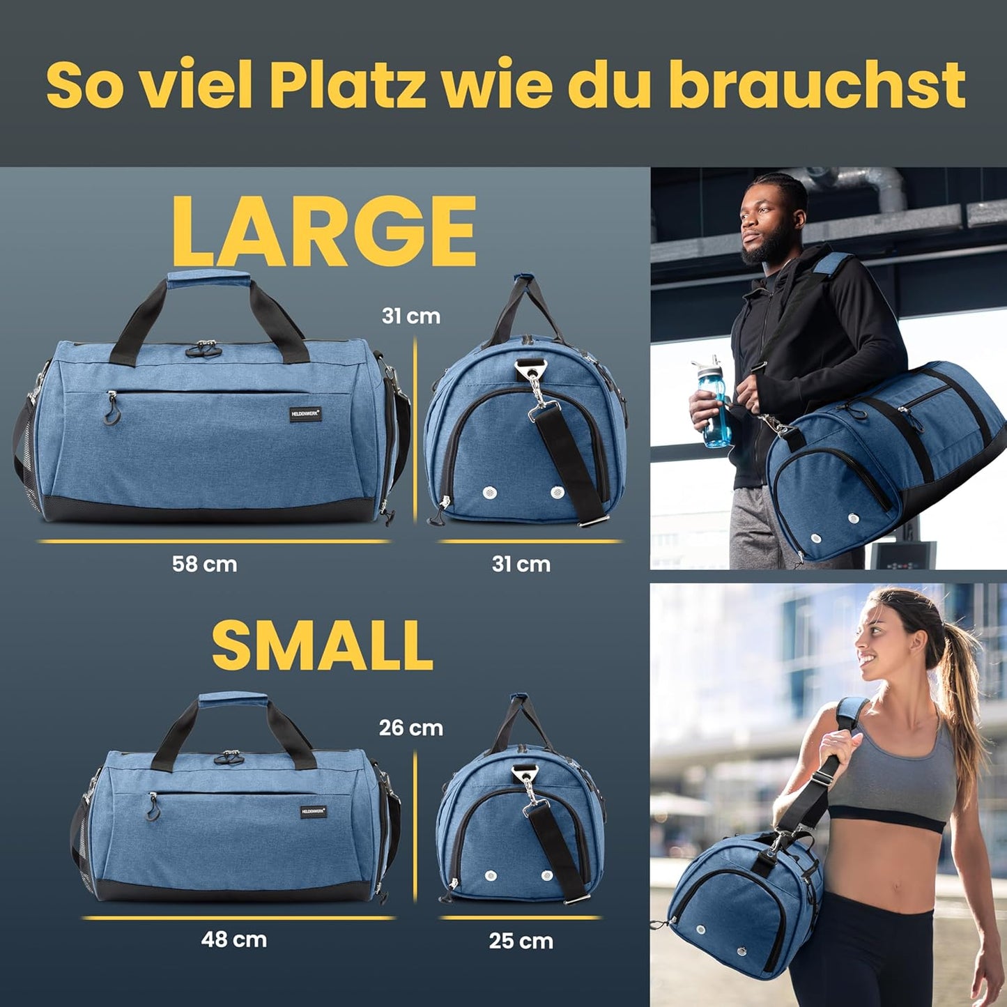 Sport- und Reisetasche mit Schuh- und Nassfach, Navy Blau 58 x 31 x 31 cm (Large 50L)