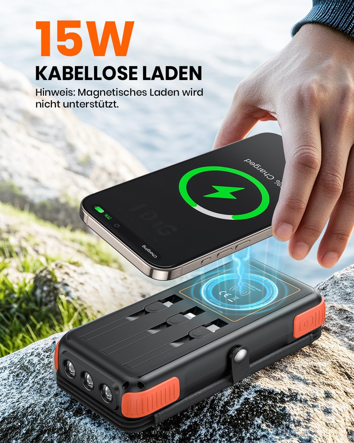 Solar PowerBank Wireless mit Schnellladefunktion, Orange