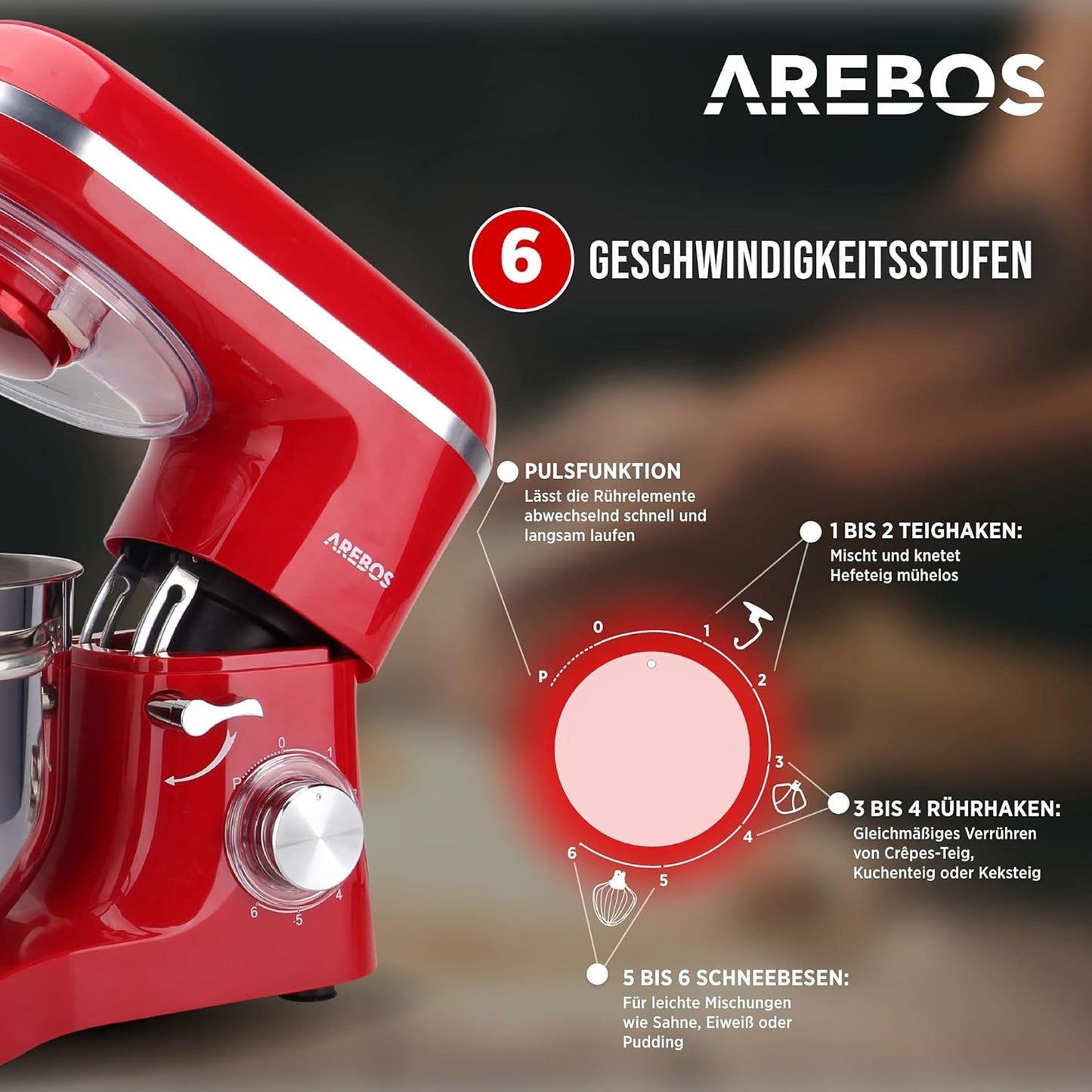Küchenmaschine mit 6L-Rührschüssel, Rot