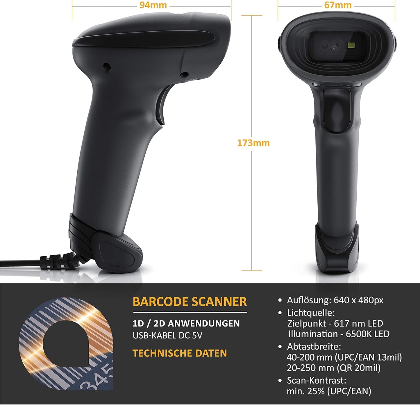 Barcode-Scanner mit Halterung für 2D und QR, A: mit Kabel
