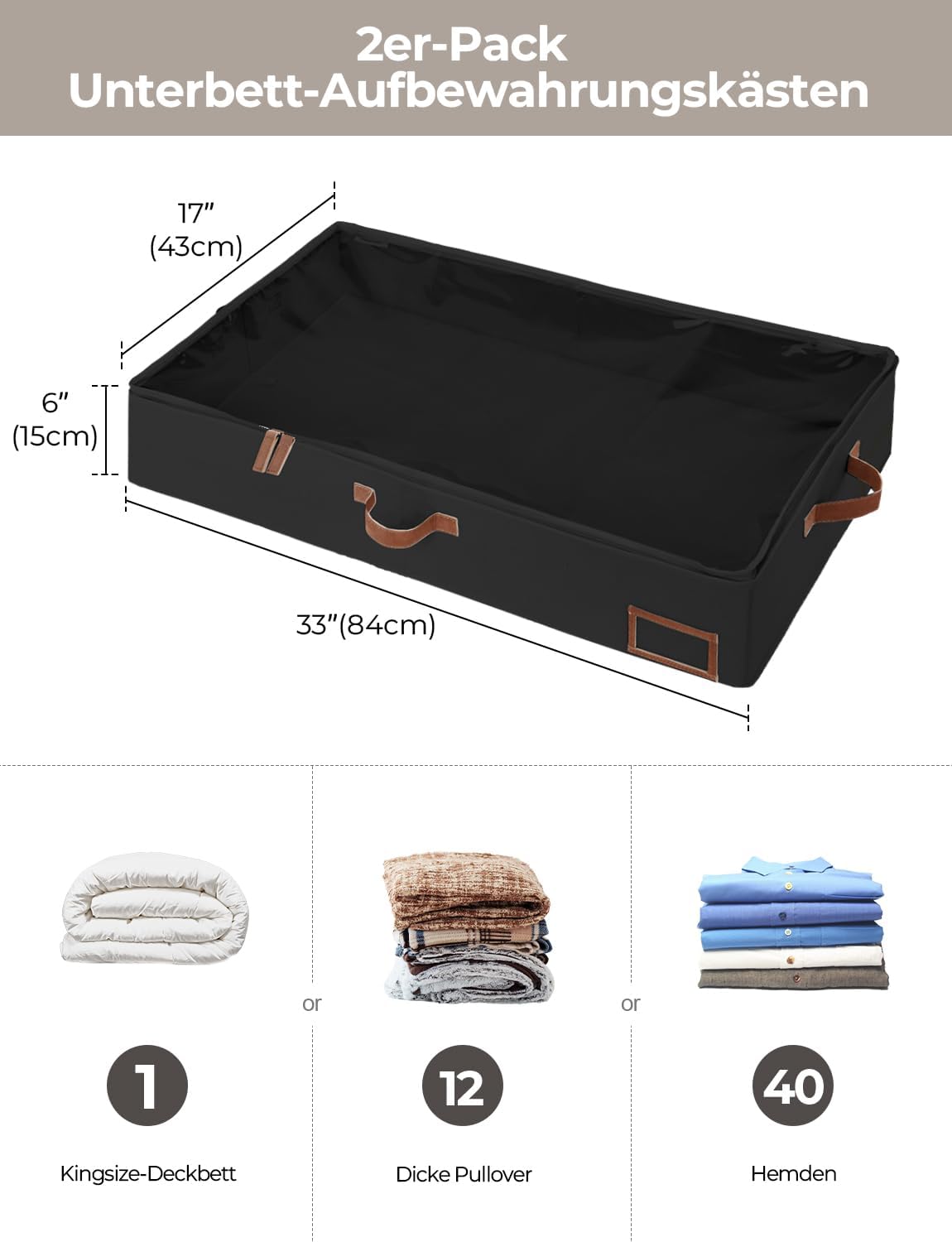 Unterbett Aufbewahrungsboxen-Set 84x43x15 cm, 84cm × 43cm × 15cm Schwarz