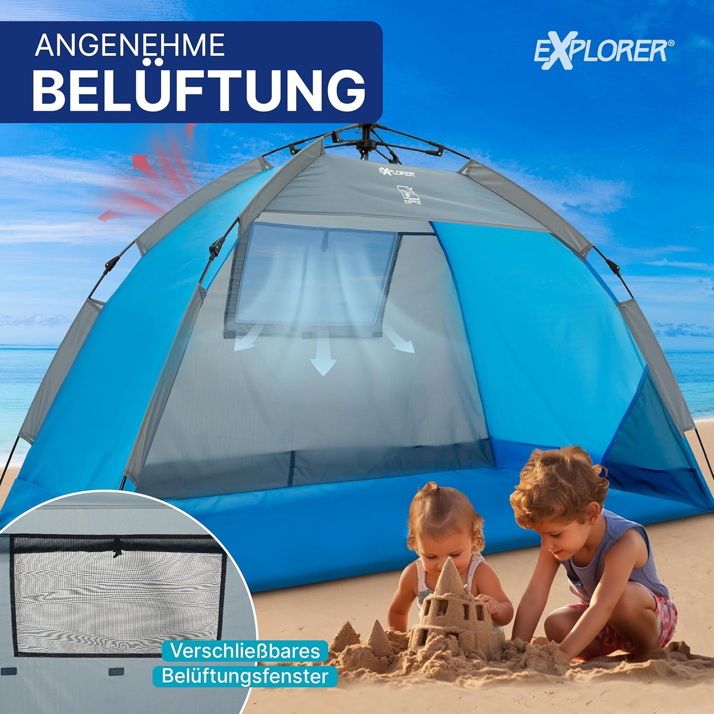 Automatik Strandmuschel mit UV-Schutz 80+, Automatik Blau