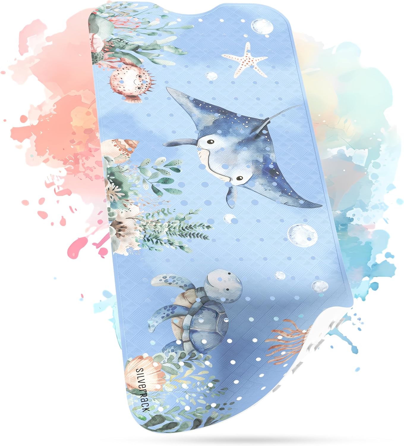 Antirutsch Badewannenmatte Kinder, 100 x 40 cm (Rechteckig) Rochen Unterwasserwelt Blau