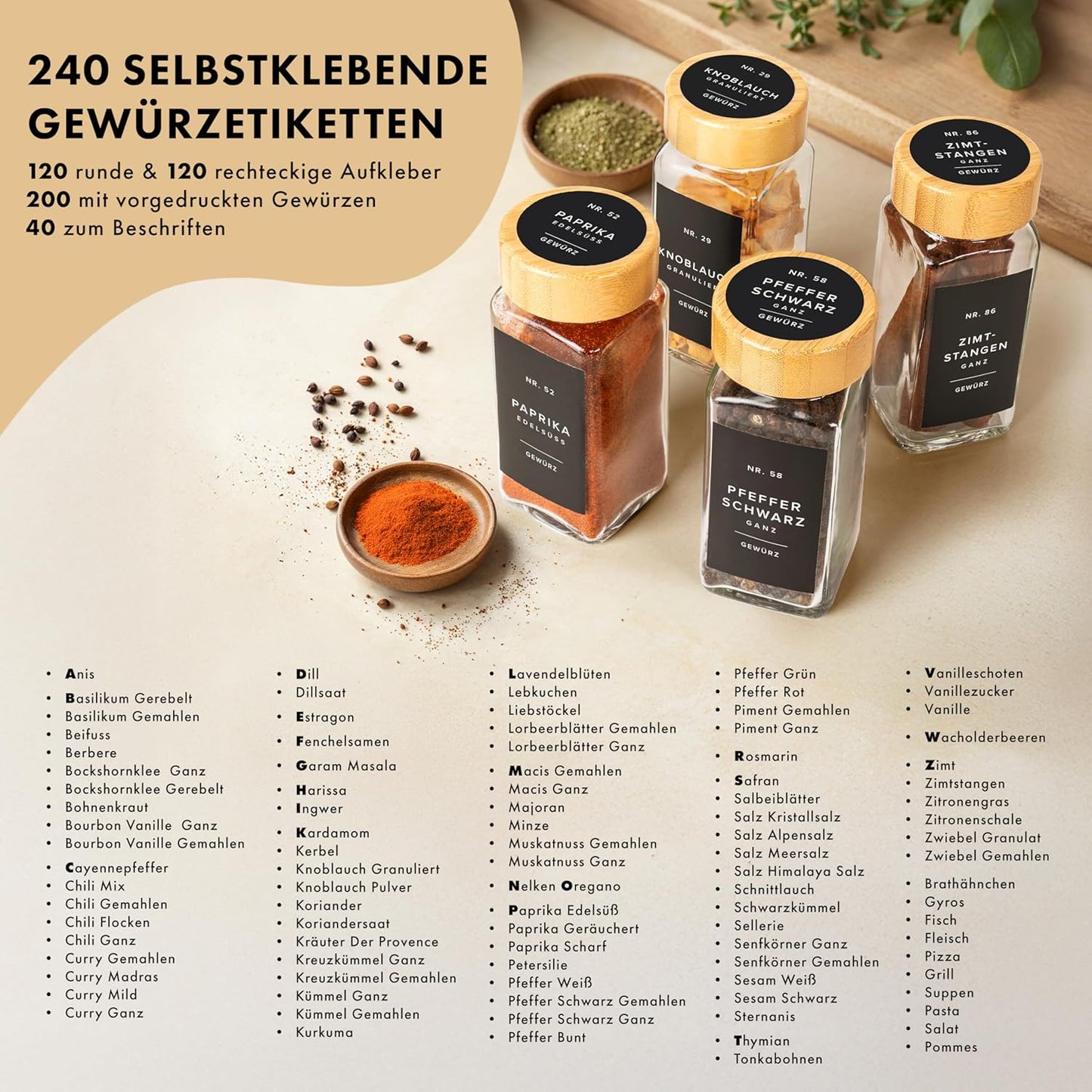 24er-Set Eckige Gewürzgläser, Bambus Dunkler Deckel