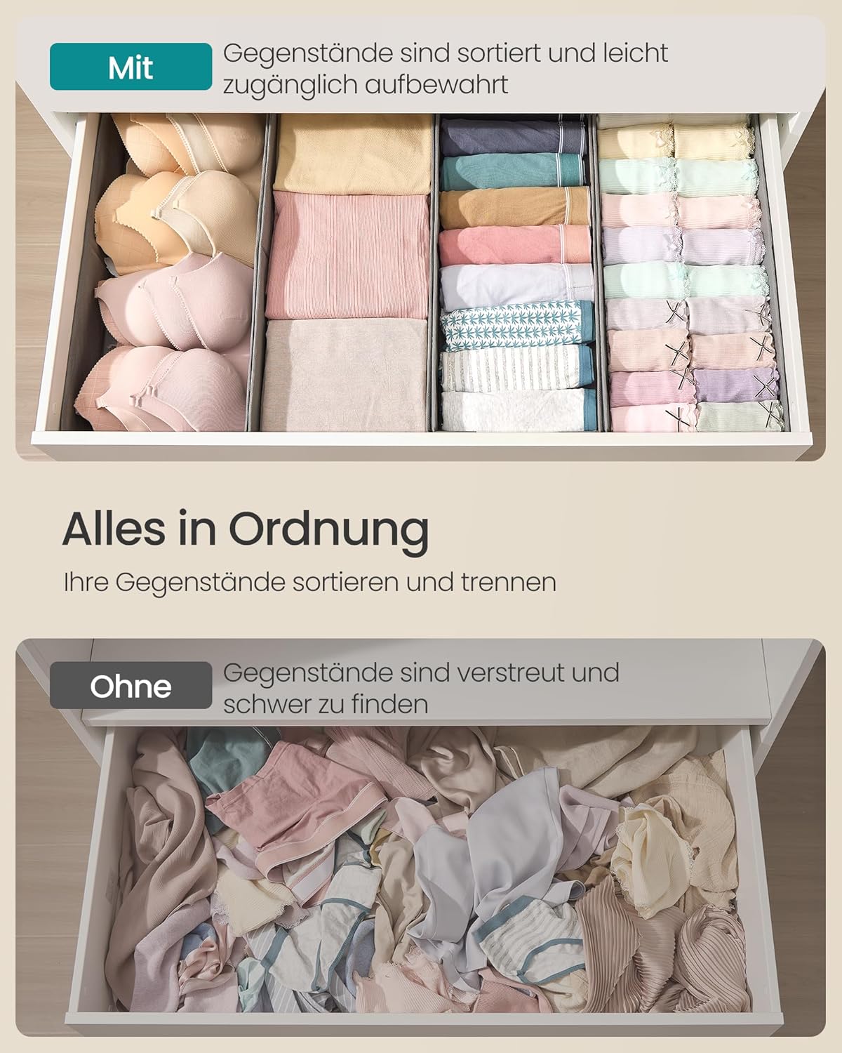 4-teiliges Unterwäsche-Organizer-Set für Schubladen, 50T x 22B cm ohne Trennwände