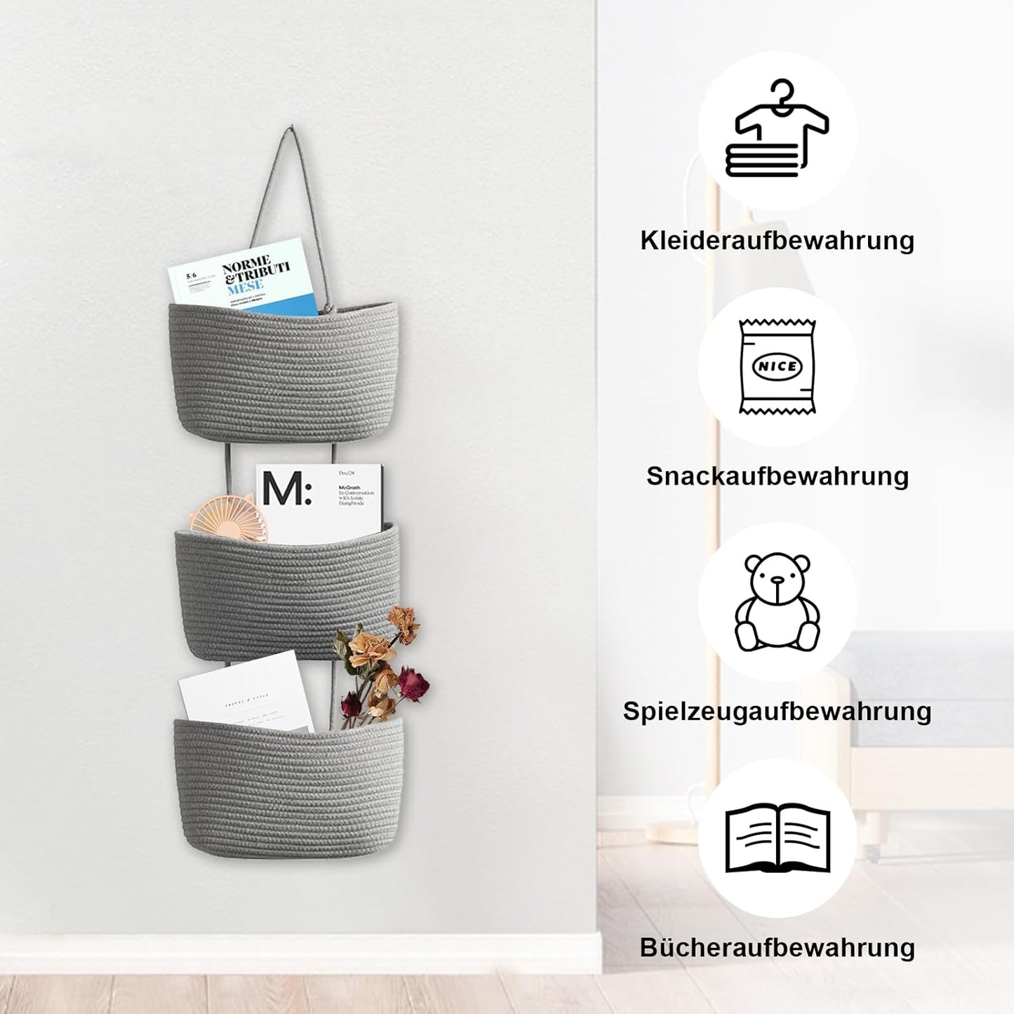 Hänge-Organizer aus Baumwollseil, Grau