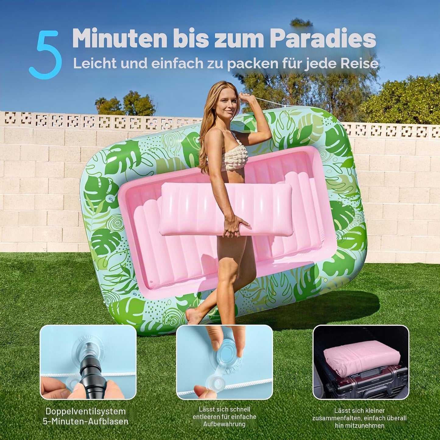 Aufblasbarer 4-in-1 Sonnenliegepool mit Kissen und Getränkehalter, Cyan-rosa L