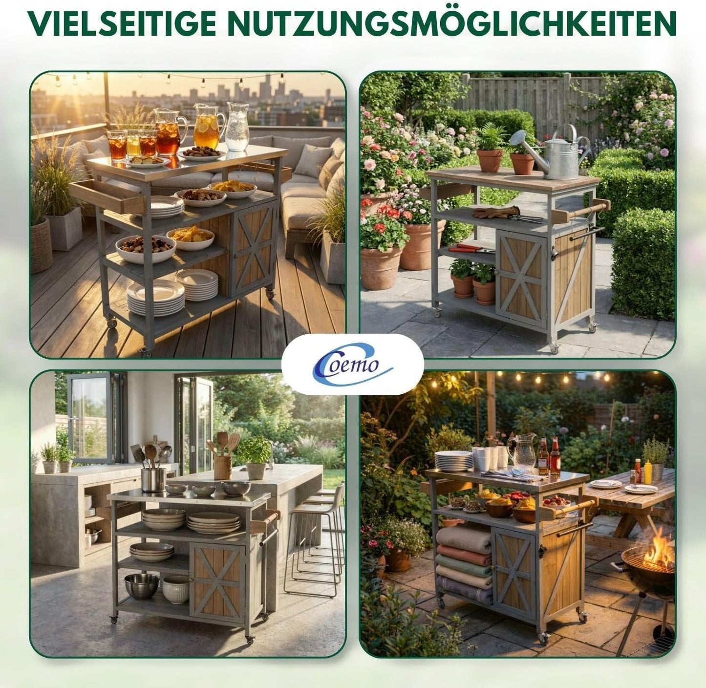 Servierwagen mit Rollen und Edelstahltop, 118 x 47 cm Grau