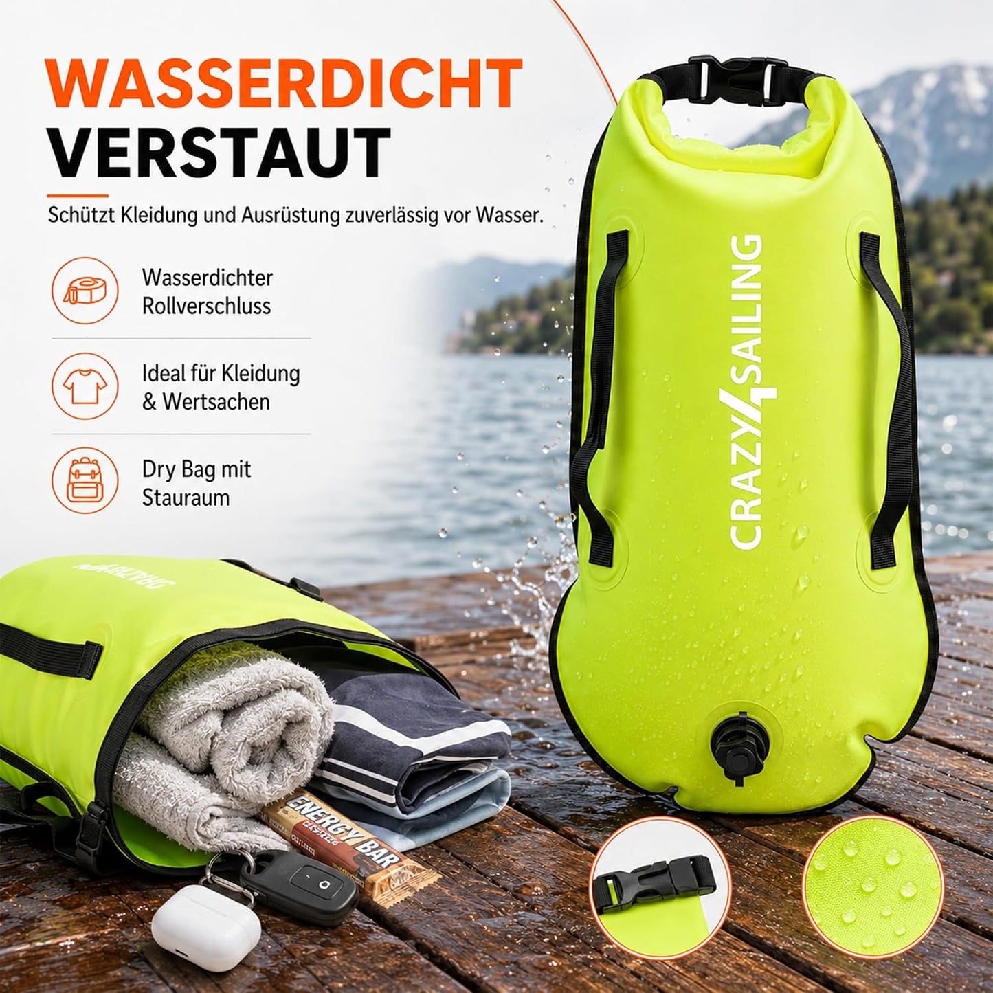 Schwimmboje Dry Bag, Neongrün