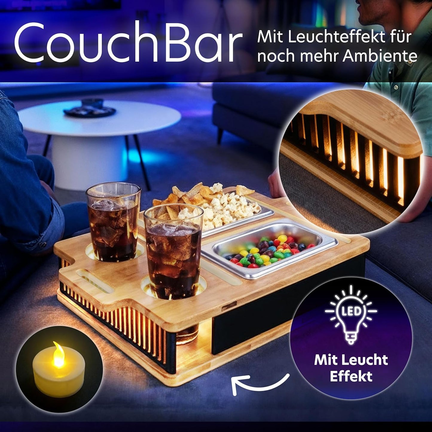 Couchbar mit Leuchteffekt, Schalen,Handy- & Getränkehalter