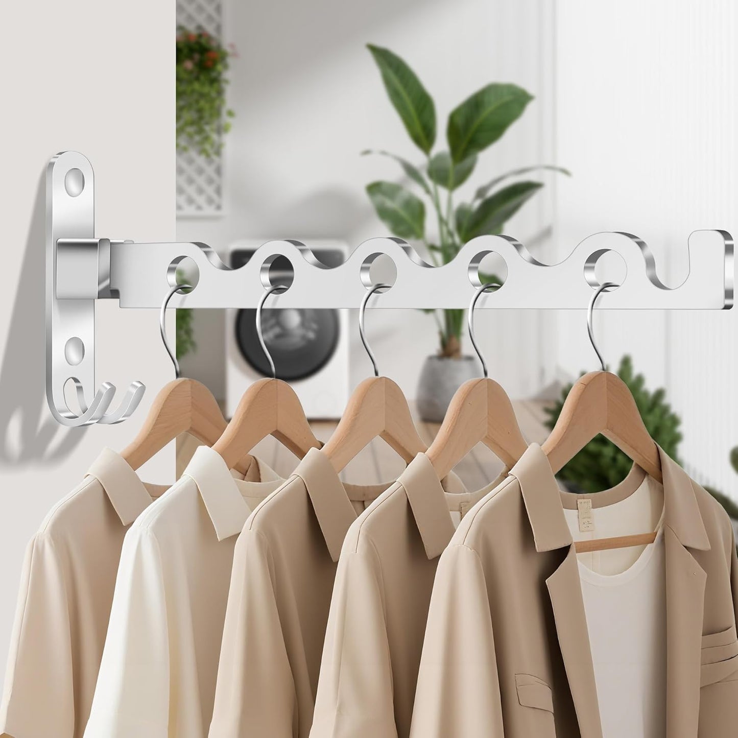 Klappbarer Kleiderständer für die Wandmontage, Silber, 2 Stück + Stange