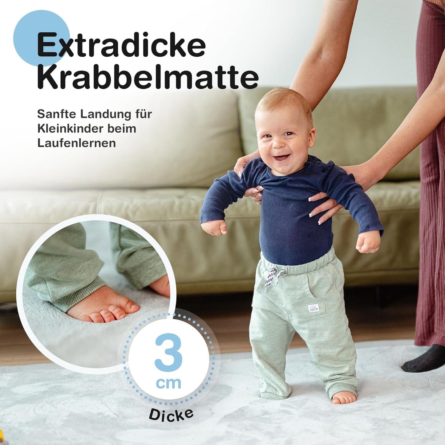 Spielmatte für Babys - 3cm dick, rutschfest, warm, Grau 180 x 200 cm (Rechteckig)