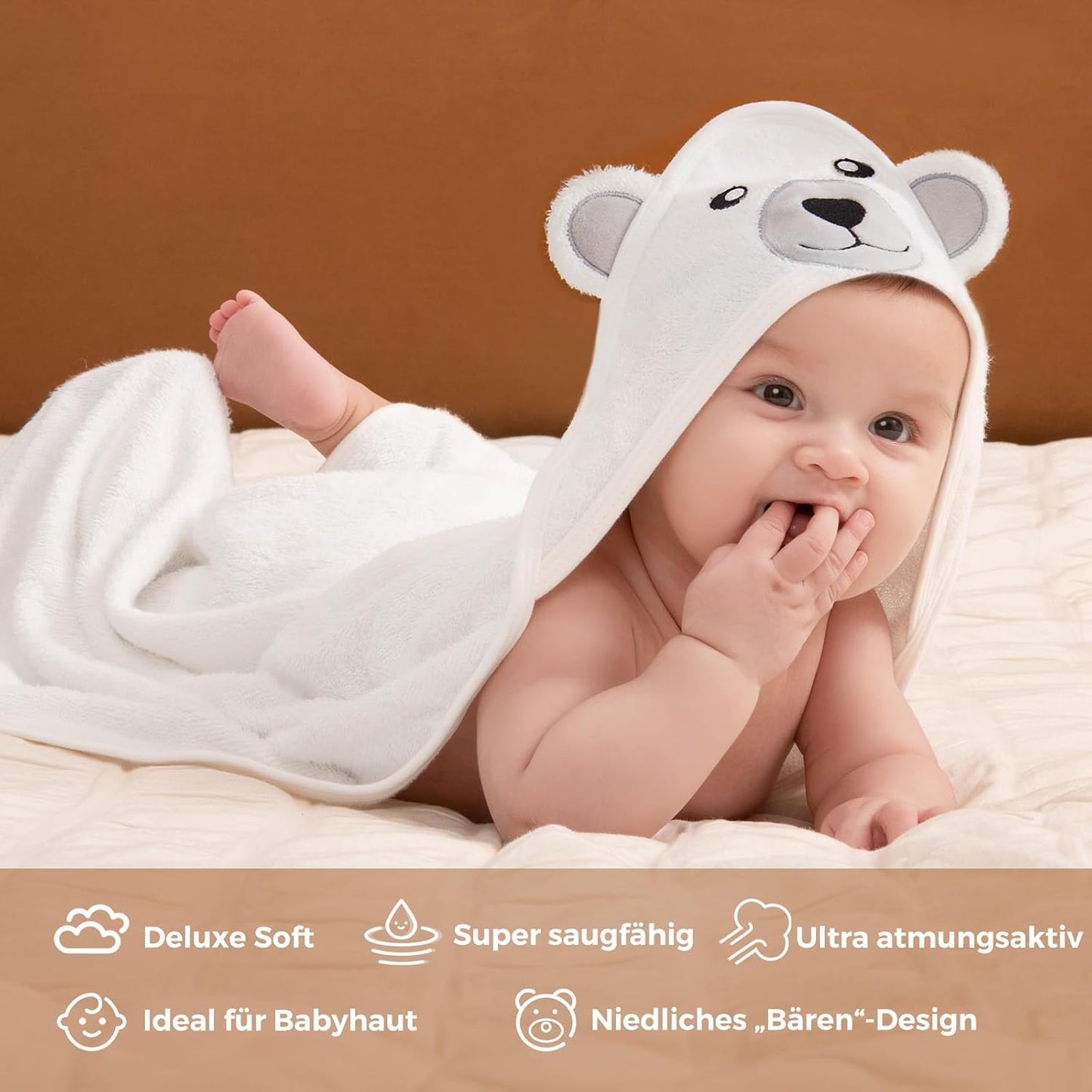 5-teiliges Baby Badetuch-Set mit Kapuze und Bärenmotiv, White