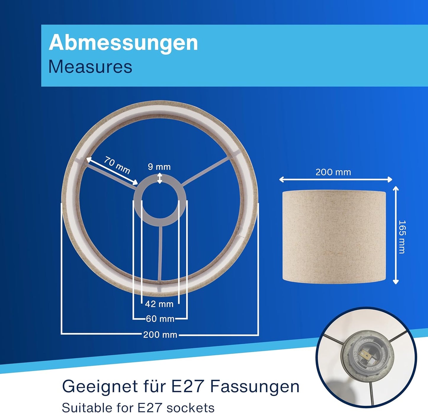 Lampenschirm aus Leinen für E27 Fassung, Ø 20cm Taupe-1
