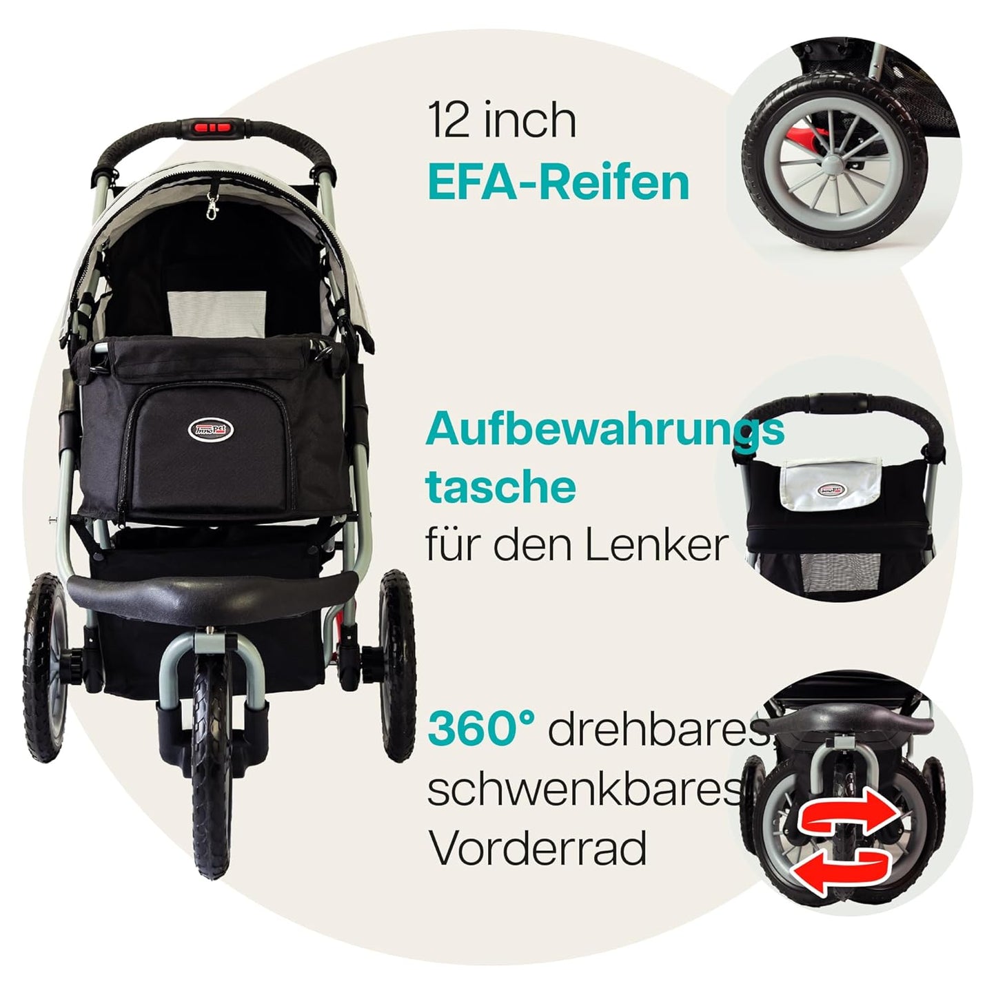 Hundebuggy Comfort Efa Eco mit EVA-Rädern, Schwarz Silber